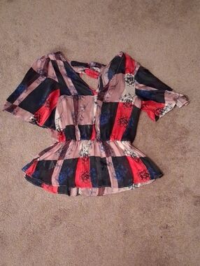 BCBGeneration Striped Floral Peplum Blouse in Red, Navy & Blush
